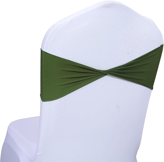 MDS Pack of 50 Spandex Chair Sashes Bows Elastic Stretch Dining Chair Bands Ties Without Slider Buckle Universal fits for Wedding Baby Shower Birthday Party Banquet Event Decoration - Olive Green