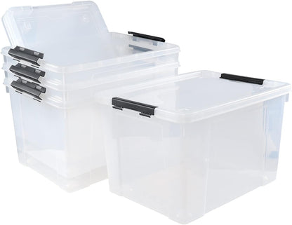 Drephia 4 Pack Clear Latch Storage Bin with Lid and Wheels, 50 L Large Plastic Storage Box