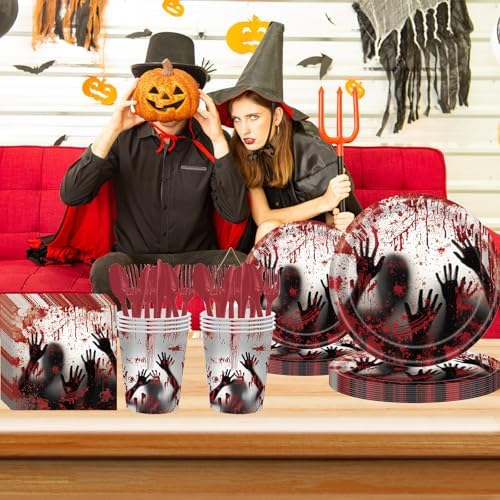 168 Pcs Bloody Halloween Supplies Serve 24 Zombie Horror Halloween Birthday Party Decorations Scream Bloody Good Time Party Plates and Napkins Dinnerware Set Horror Movie Decorations - Image 7