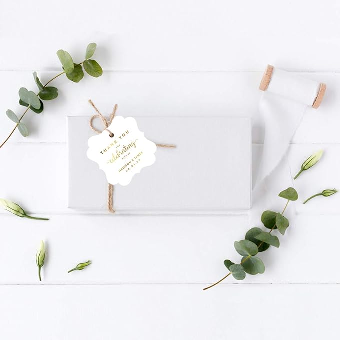 Andaz Press Personalized Fancy Frame Square Wedding Gift Tag, Metallic Gold Custom Tags, Thank You for Celebrating with US, 24-Pack, Custom Name Thank You Tag, 2x2 Personalized Gift Tags for Favors