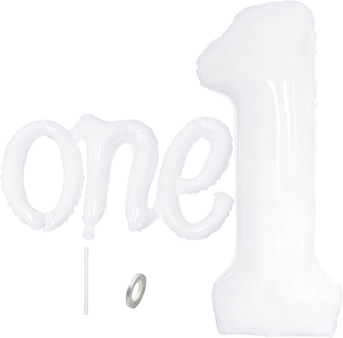 2Pcs Matte White Foil 40" Number 1 and 26" Script Letter One Balloon Set | by WEILINZHOU