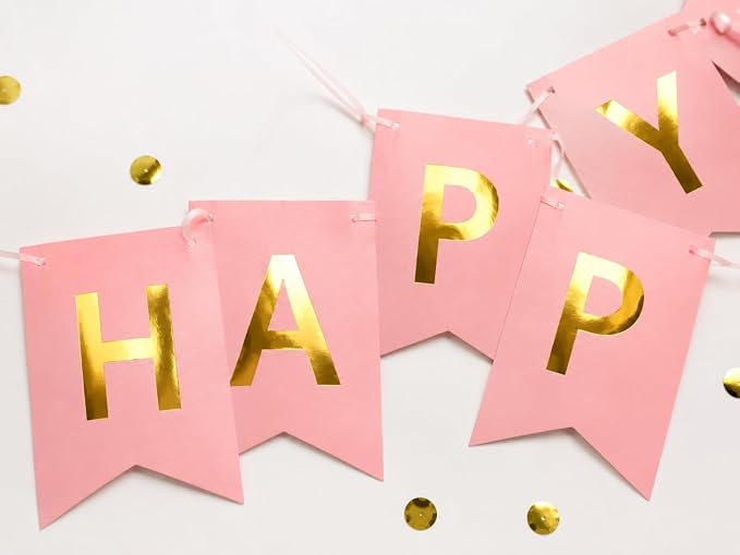 Letjolt Pink Happy Birthday Banner Girls Party Signs 13 Pcs | Golden Sparkle - Image 2
