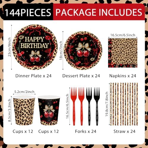 144pcs Cheetah Cherry Plates Napkins Party Supplies Leopard Theme Tableware - Image 2