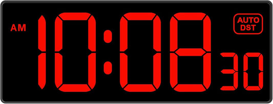 Soobest LED Digital Wall Clock, Large Digital Clock Bold Numbers with Seconds for Seniors Visually Impaired，Plug Electric Clock Dimmable Auto DST Large Display 10 Inches (Red)