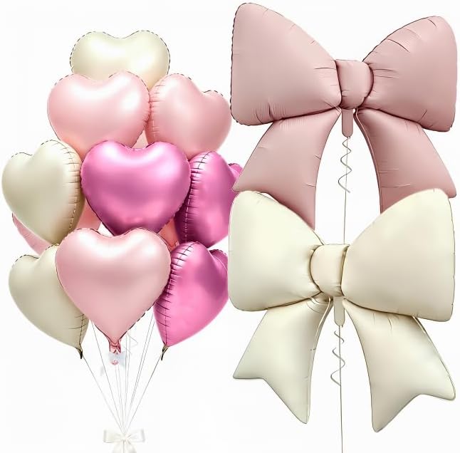 Vuzvuv Pink White Bow Heart Balloons Set, Anniversary, Bridal Shower（Mix Colors） by Vuzvuv