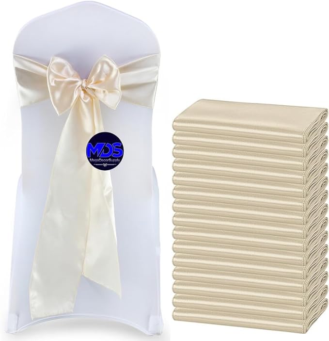 MDS Pack of 300 PCS Satin Chair Sashes Charmeuse Sateen Dining Chair Bows Ribbon Ties Back Sash for Wedding Party Birthday Home Hotel Restaurant Banquet Decoration (7 x 108 Inch, Cream)