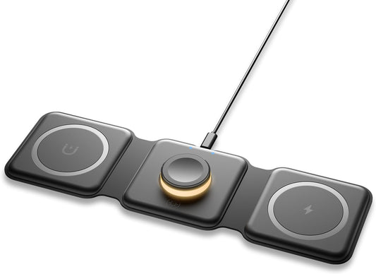 ESSAGER 3 in 1 Foldable Wireless Charger for iPhone 16/15/14/13/12/11 Series, Magnetic Wireless Charging Station, Travel Wireless Fast Charging Pad for Airpods 4/3/2/Pro, iWatch (3 in 1, Black)