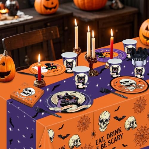 145 Pcs Spooky Halloween Party Tableware Set – Black Cat Skull Disposable Plates, Cups, Napkins and Tablecloth for Gothic Trick or Treat, Haunted House Halloween Party Supplies for 24 Guests - Image 6