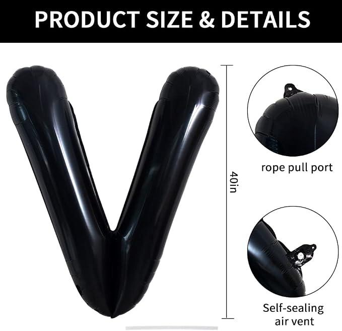 TONIFUL 40 Inch Large Black V Letter Balloons, Jumbo Helium Balloons - Image 2