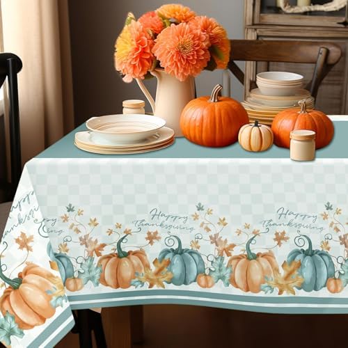 Childom 2 Pack Thanksgiving Tablecloths,Thanksgiving Decorations 54" x 108" Disposable Plastic Tablecloths,Blue Pumpkin Maple Table Covers for Rectangular Table,Home,Dinner,Party,Outdoor Picnic - Image 4
