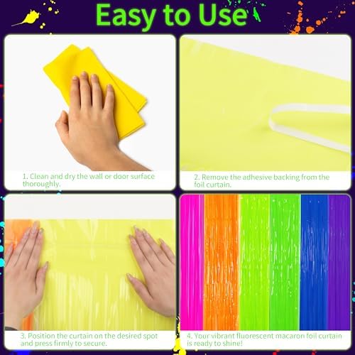 Fayoo Glow in The Dark Tinsel Curtains 2Pack 3.3x6.6ft Neon Party Backdrops - Image 4