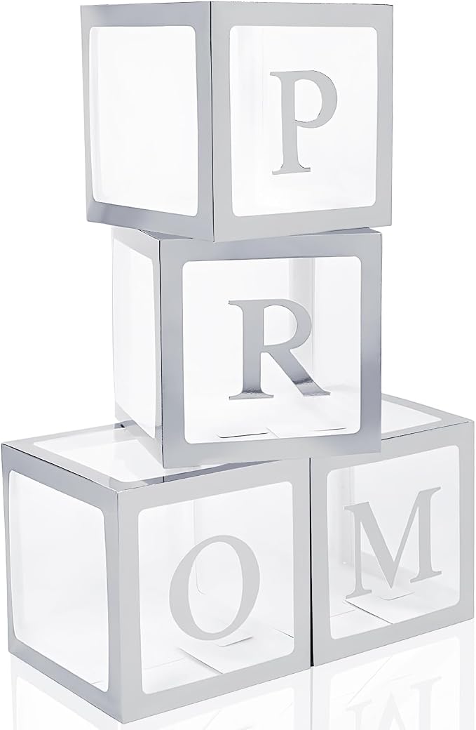 4 Pcs Prom Boxes with Letters 11.8 x 11.8 x 11.8 Inch Clear Balloon Boxes by Trandraft