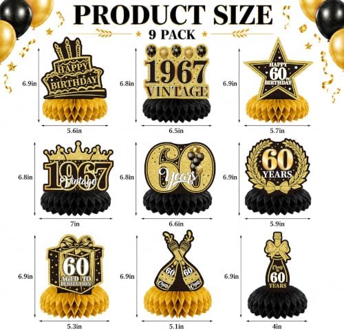 Birthday Decorations 2027-9Pcs 60th Birthday Honeycomb Table Decorations - Image 3