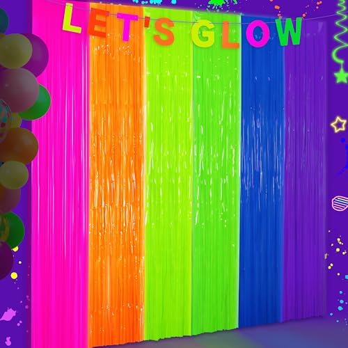 Fayoo Glow in The Dark Tinsel Curtains 2Pack 3.3x6.6ft Neon Party Backdrops by Fayoo