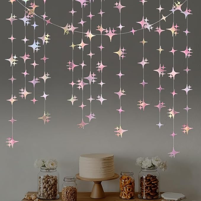 Glitter Iridescent Pink Four-Angle Star Paper Garland Banner 40 Feet Iridescent - Image 3