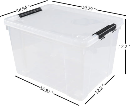 Drephia 4 Pack Clear Latch Storage Bin with Lid and Wheels, 50 L Large Plastic Storage Box