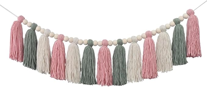DrCor Pink & Sage Green Tassel Garland – Classroom Decor | Pastel boho wall by DrCorDreamingDecor
