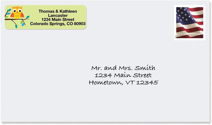 Owls Seasonal Rolled Personalized Return Address Mailing Labels with Dispenser, Set of 250, 5 Designs, Small ¾ x 2½ Inch Size, Custom Self-Adhesive Sticker Roll, by Colorful Images