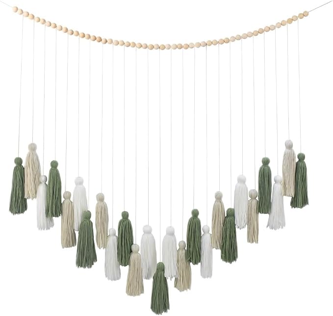 DrCor Sage Green Boho Tassel Garland Wall Hanging Decor | Handcrafted yarn by DrCorDreamingDecor