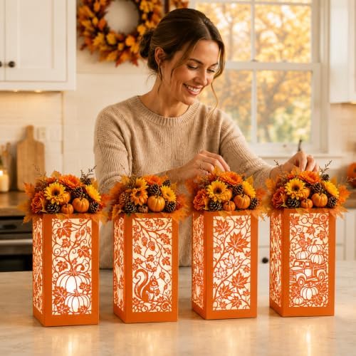 Urlax 8PCS Fall Decorations for Home Thanksgiving Table Centerpiece Box for Floral Arrangements Autumn Harvest Table Decor with Maple Leaves Pumpkin Squirrel Truck Design - Image 3
