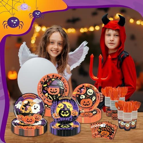 UJoyant 350 PCS Halloween Plates and Napkins Sets, Halloween Party Supplies Includes Disposable Plates Dessert Plates Napkins Cups Plastic Knives Forks Spoons Disposable Dinnerware Set (50 Guest) - Image 7