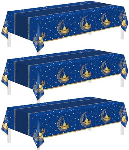 Childom 3 Pack Ramadan Table Cloth,Ramadan Decorations for Home,54" x 108" Eid Mubarak Decorations,Eid Ramadan Tablecloths Rectangular,Blue Plastic Table Cloth Disposable Table Cover for Party Favors by Childom