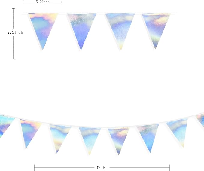33Ft Iridescent Party Decoration Holographic Fabric Triangle Pennant Banner - Image 2
