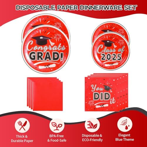2025 Graduation Plates and Napkins Set – 200PCS Red Graduation Party Decorations, Disposable Paper Plates & Napkins for 50 Guests – Perfect for 2025 Congrats Grad Party Supplies - Image 3