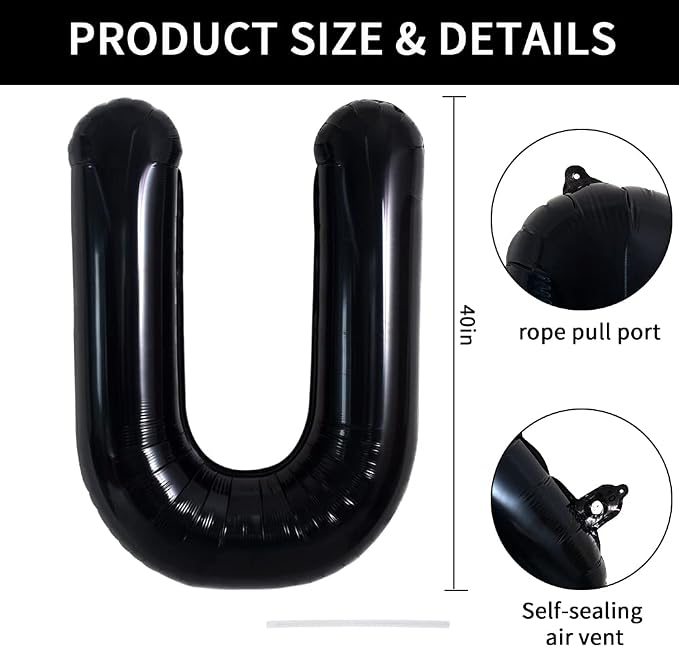 TONIFUL 40 Inch Large Black U Letter Balloons, Jumbo Helium Foil Mylar Balloons - Image 2