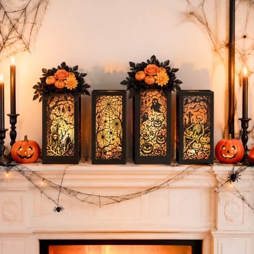 4 Pcs Halloween Table Centerpieces Floral Vase Boxes Spooky Silhouette Cutout Paper Lantern Spider Web Ghost Goodie Candy Boxes for Indoor Table Decor, Party Supplies 5x5x9.5in - Image 7