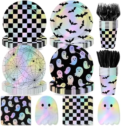 Halloween Paper Plates and Napkins - 144Pcs Iridescent Halloween Ghost Bat Spider Web Gingham Tableware by Unknown