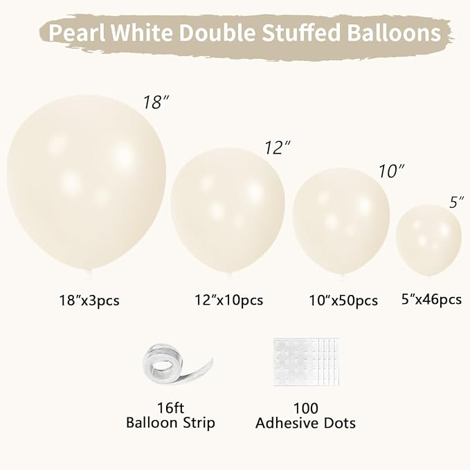 Pearl White Double Stuffed Balloons Different Size 115Pcs 5/10/12/18" White - Image 2