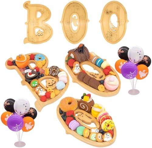Boo Halloween Charcuterie Board,with Balloon,3 Bamboo Letter Food Tray by Nsoyos