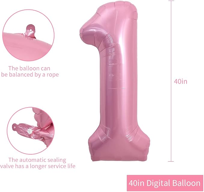 TONIFUL 40 Inch Pink Number 1 Balloons Large Foil 1st Birthday Decorations | - Image 2