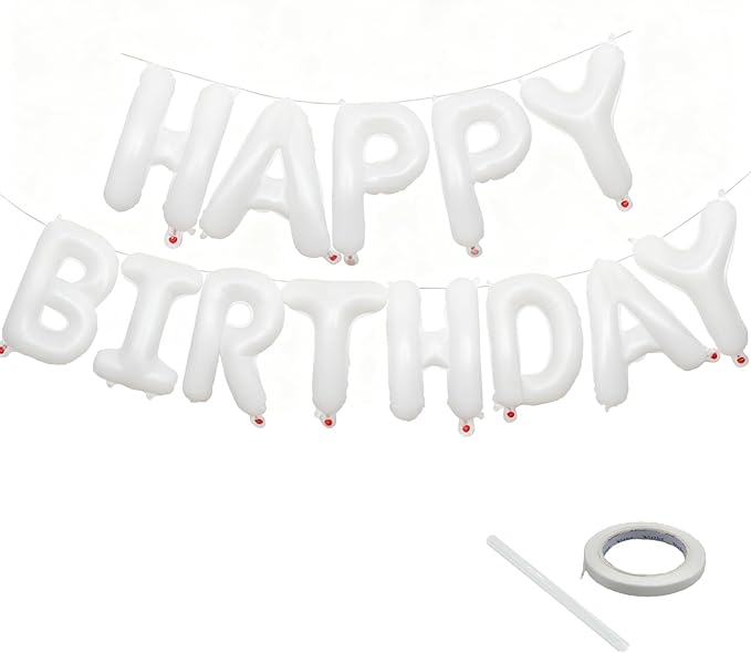 White Happy Birthday Balloon Banner 16 Inch by KEJ