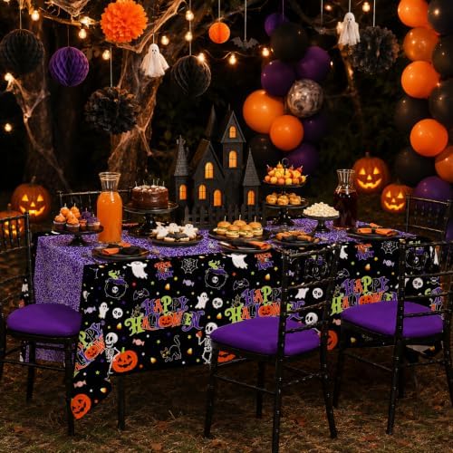 2 Pack Halloween Tablecloth, 54 x 108 Inch Disposable Plastic Table Cover, Purple Halloween Party Decorations for Halloween Decor Party Supplies - Image 3
