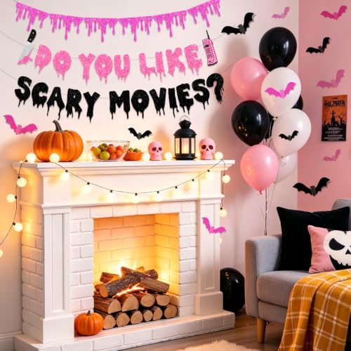 Do You Like Scary Movies Banner,Pink Halloween Decorations Banner Scream Birthday Decorations,Halloween Girls Night Decorations - Image 4