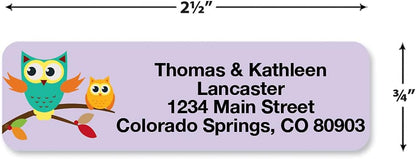 Owls Seasonal Rolled Personalized Return Address Mailing Labels with Dispenser, Set of 250, 5 Designs, Small ¾ x 2½ Inch Size, Custom Self-Adhesive Sticker Roll, by Colorful Images