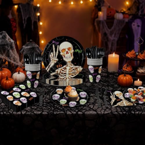 168pcs Halloween Plates Napkins Skeleton Plates Halloween Party Supplies - Image 6