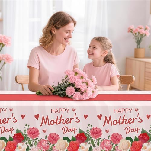 Childom 2 Pack Mothers Day Tablecloth,Mother's Day Party Decorations,54" x 108" Plastic Disposable Tablecloths for Rectangle,Plastic Table Covers for Mom Birthday Party Supplies Holiday Buffet Table - Image 3