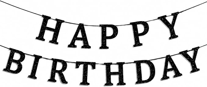 Happy Birthday Banner Black Glitter Birthday Party Banner Pre-Strung | Happy by Unknown