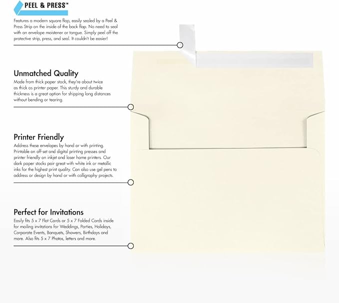 LUXPaper A7 Invitation Envelopes | Peel & Press | 5 1/4" x 7 1/4" | Natural | 80lb. Text | 30% Recycled | 50 Qty