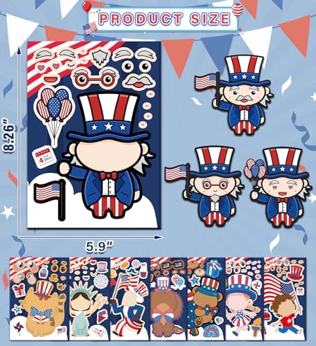4th of July Outfits for Women - 24Pcs Patriotic Stickers, Make-a-face Stickers,Fourth of July Decorations Accessories Party Favors Supplies for Memorial Day Classroom DIY Crafts Party Decorations - Image 2