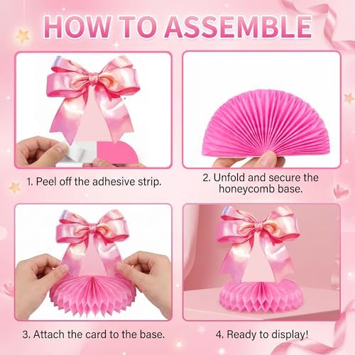 Pink Bow Honeycomb Centerpieces - Coquette Theme Party Table Decorations - Image 3