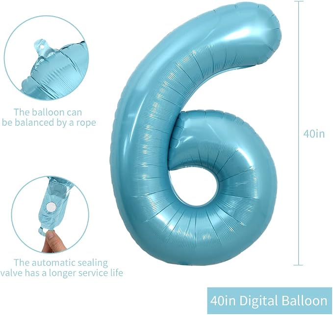 TONIFUL 40 Inch Light Blue Large Numbers Balloons 0-9, Number 6 Digital Helium - Image 2
