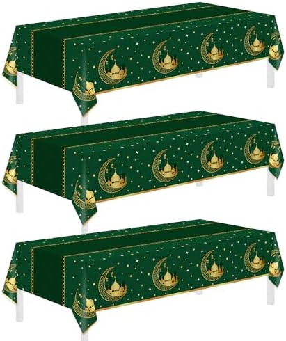 Childom 3 Pack Ramadan Table Cloth,Ramadan Decorations for Home,54" x 108" Eid Mubarak Decorations,Eid Ramadan Tablecloths Rectangular,Green Plastic Table Cloth Disposable Table Cover for Party Favors by Childom