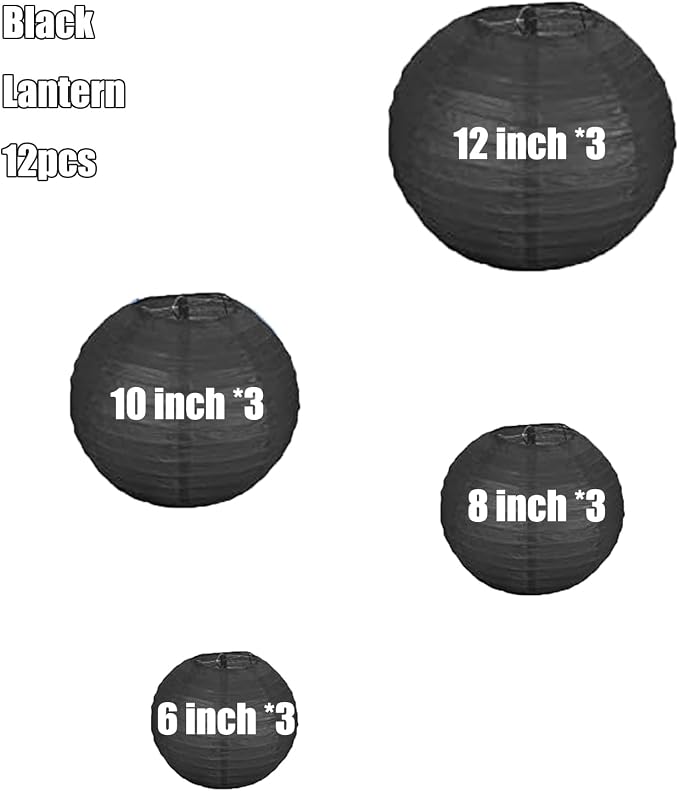 12Pcs 6, 12 Inch Mixed Sizes Black Paper Lanterns Decorative Chinese, Japanese - Image 2