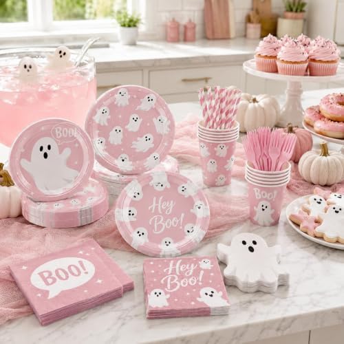 QIYANPAX 156 PCS Pink Halloween Party Supplies, Cute Ghost Halloween Plates, Ghost Napkins, Cups, Forks, Straws, Boo Halloween Party Decorations for Birthday Baby Shower, Serves 24 - Image 7