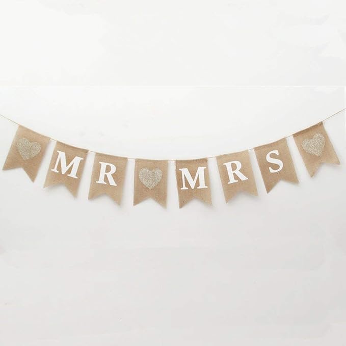 FQTANJU 8 Pcs/Set MR and MRS Burlap Banner, Wedding Hanging Banner by FQTANJU