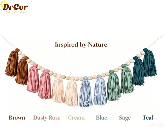 DrCor Earth Tone Tassel Garland – Boho Classroom Decor | Wood bead wall hanging - Image 2